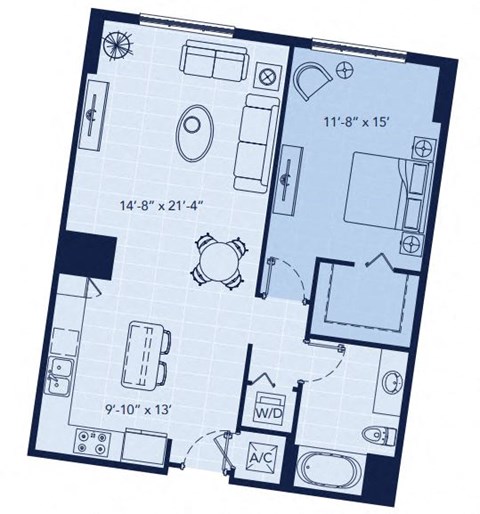 Floor plan for 1 bed, 1 bath, 870 sqft
